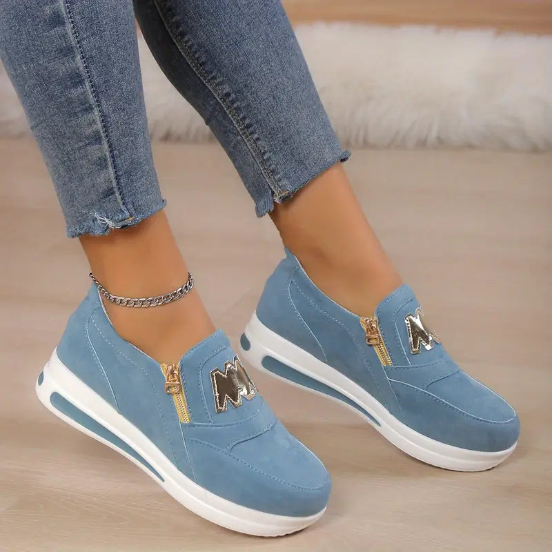 Women's Casual Platform Slip On Sneakers, Side Zipper Low Top Running Shoes, Casual Walking Sports Shoes
