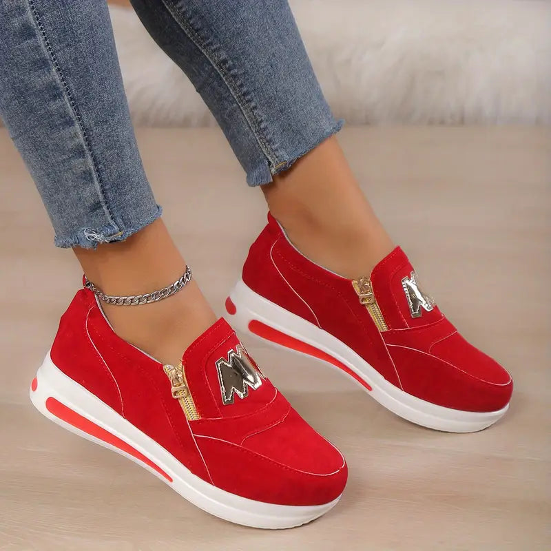 Women's Casual Platform Slip On Sneakers, Side Zipper Low Top Running Shoes, Casual Walking Sports Shoes