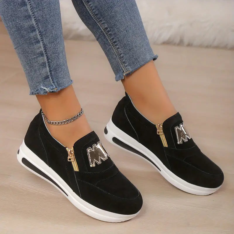 Women's Casual Platform Slip On Sneakers, Side Zipper Low Top Running Shoes, Casual Walking Sports Shoes