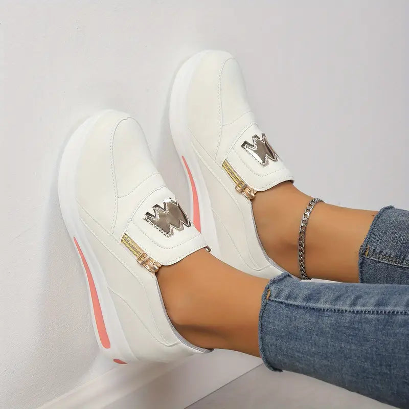 Women's Casual Platform Slip On Sneakers, Side Zipper Low Top Running Shoes, Casual Walking Sports Shoes