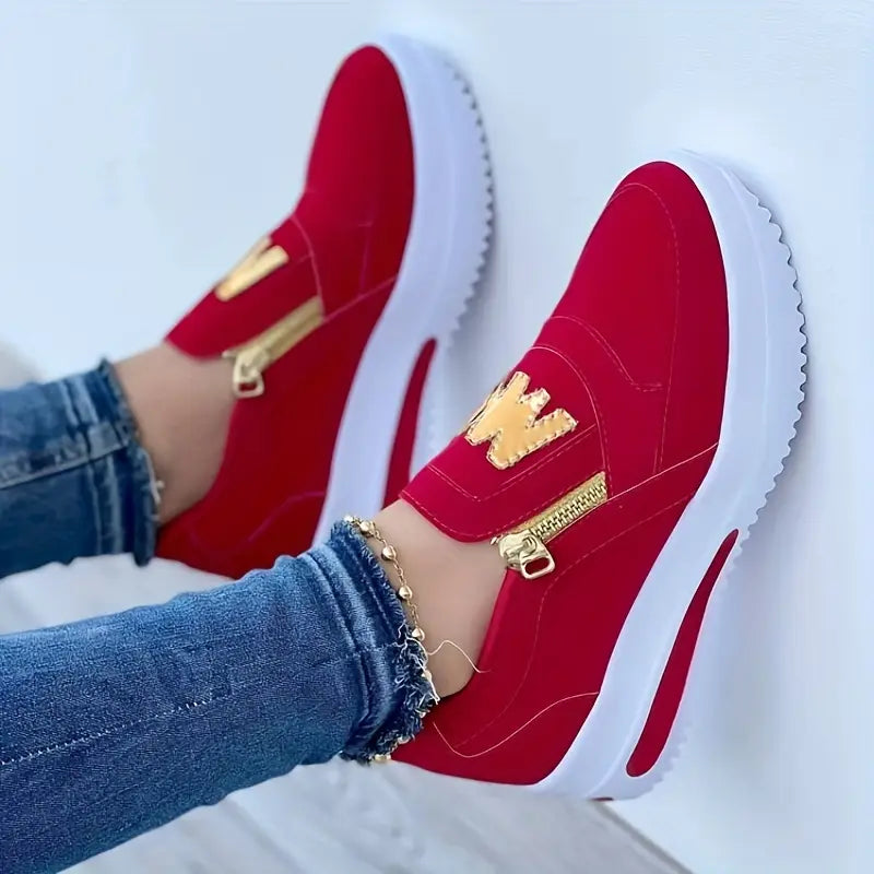 Women's Casual Platform Slip On Sneakers, Side Zipper Low Top Running Shoes, Casual Walking Sports Shoes