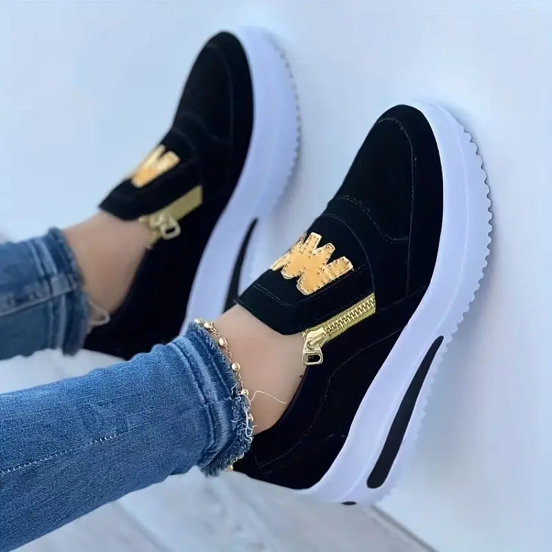Women's Casual Platform Slip On Sneakers, Side Zipper Low Top Running Shoes, Casual Walking Sports Shoes