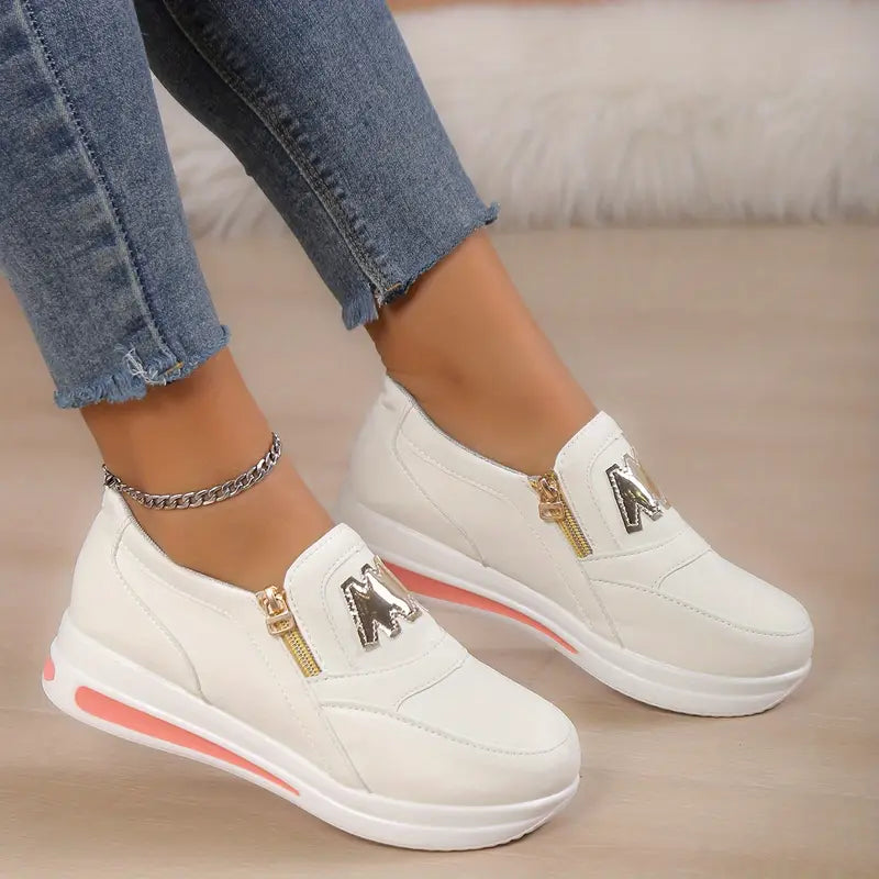 Women's Casual Platform Slip On Sneakers, Side Zipper Low Top Running Shoes, Casual Walking Sports Shoes