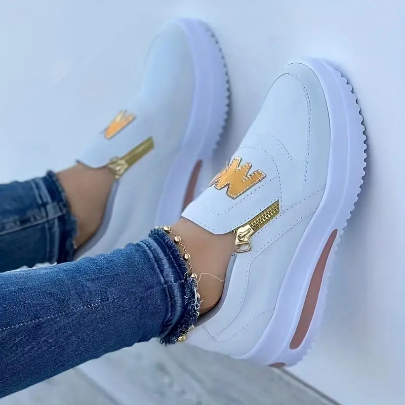 Women's Casual Platform Slip On Sneakers, Side Zipper Low Top Running Shoes, Casual Walking Sports Shoes
