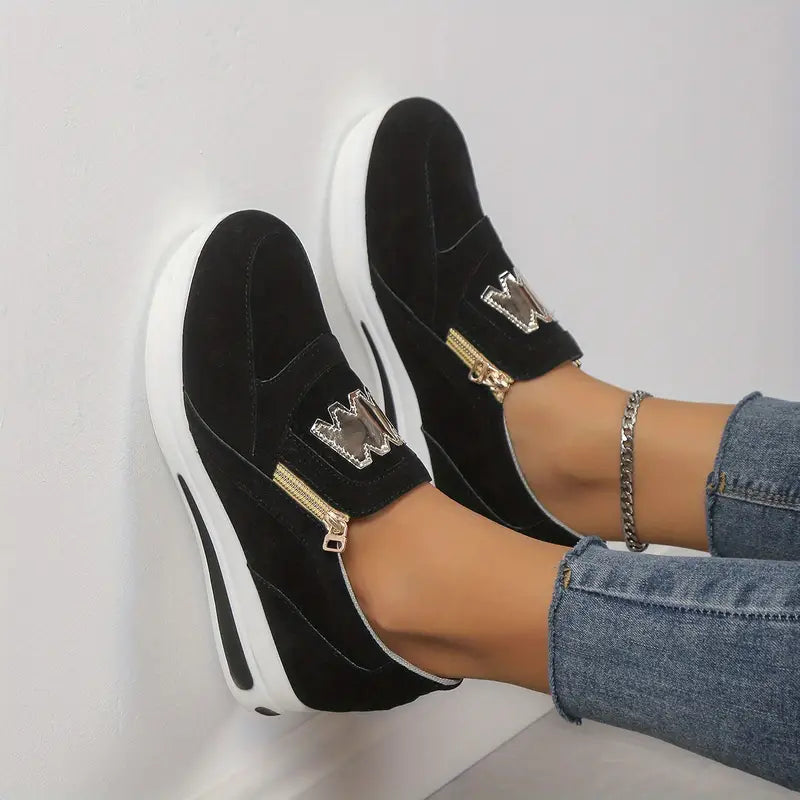 Women's Casual Platform Slip On Sneakers, Side Zipper Low Top Running Shoes, Casual Walking Sports Shoes